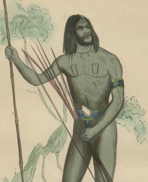 New Guinea Islander of Prinses Marianne Strait, Hand-Colored Print, 1854, close-up 1