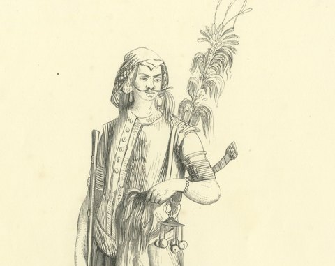 Warrior of Timor, Amfoang, Antique Wahlen Costume Print, 1843-1844, close-up 1
