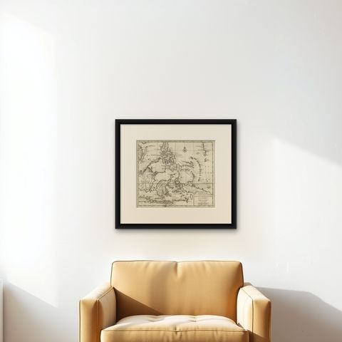 Old Map of the Philippines and Part of Indonesia 'Spice Islands', 1744, shown framed on a wall, true to size