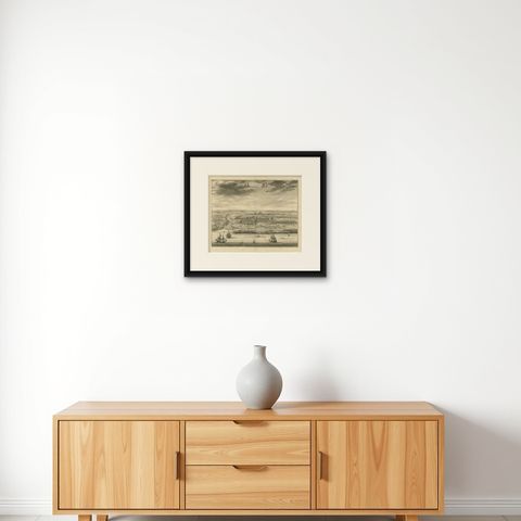 Antique Bird's Eye-view Atjien or Atjeh in Aceh in Northern Sumatra, Indonesia, shown framed on a wall, true to size