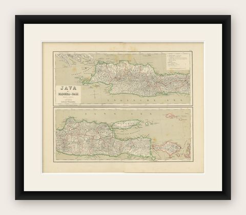 Old Map of Java, Madura & Bali, Dutch East Indies Colonial Cartography, 1884, shown framed