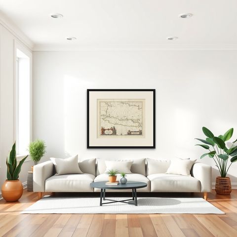 Antique Map of Java by Janssonius, circa 1650, shown framed in a room, true to size