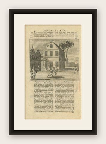 Antique Print of a Boatswain Murdered by the Portugese by Valentijn, 1726, shown framed