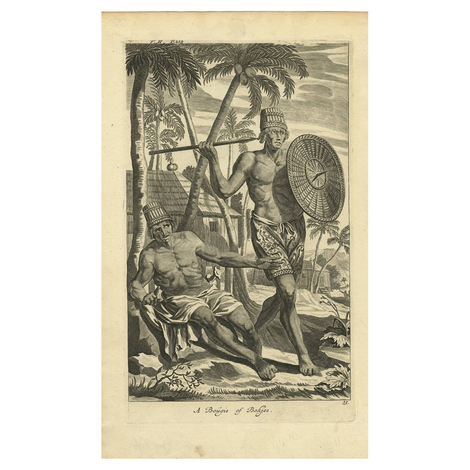 Engraving of Buginese people near Batavia, East Indies, Indonesia, 1744