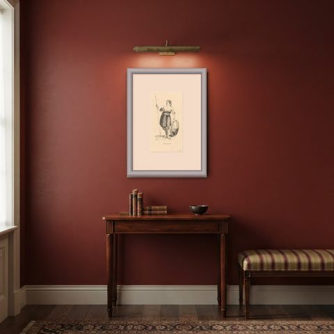Warrior of the Island of Sawoe, Antique Wahlen Costume Print, 1843-1844, shown framed in a room, true to size