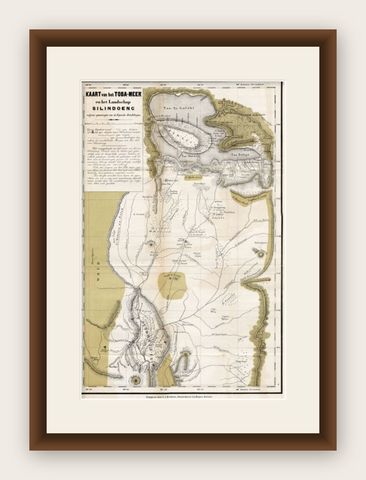 Scarce Antique Map of Lake Toba and Silindoeng on Sumatra, Indonesia, c.1875, shown framed