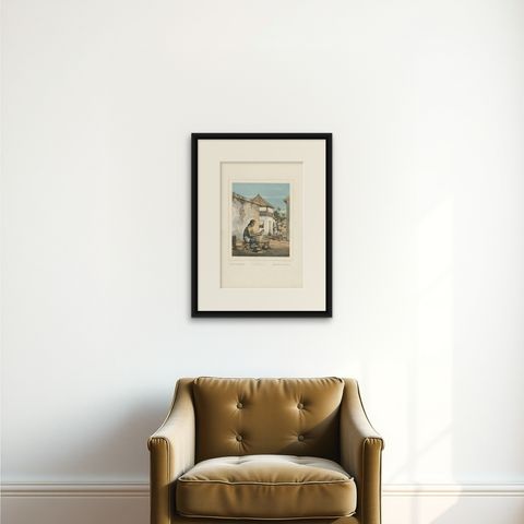 Antique Print of Javanese Woman Selling Ketupat by Van Pers 'circa 1850', shown framed on a wall, true to size