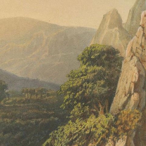 Mountain Road and Waterfall in the Tengger Range, Java Lithograph, circa 1872, close-up 3