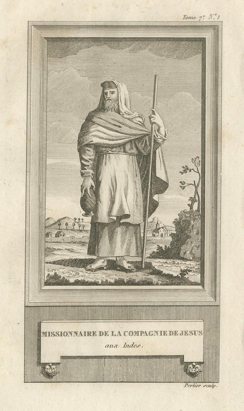 Jesuit Missionary in the Indies, Antique French Engraving by Portier, c.1790, close-up 6