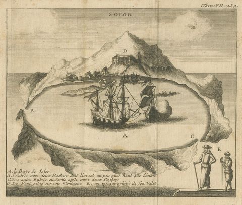 Rare 17th Century Engraving of Solor Island Fort and Bay, Indonesia, circa 1670, close-up 1