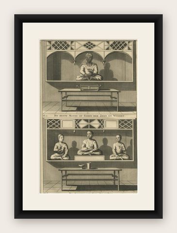 Antique Print of a Chinese Temple and Chinese Deity Calamija by Valentijn, 1726, shown framed