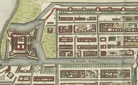 Hand-Colored 1750 Plan of Batavia, Colonial Jakarta, Indonesia by Jacques Bellin, close-up 5