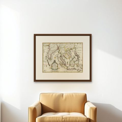 Old Map Covering All of Southeast Asia from Persia to the Timor Island, 1712, shown framed on a wall, true to size