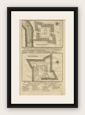 Old Print of the Rembang Fortress of Captain E. Bintang on Java, Indonesia, 1726, shown framed
