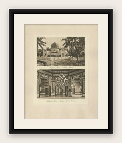 Malay Mosque Tandjong Poera, Original 1900s Photogravure, Sumatra Indonesia, shown framed