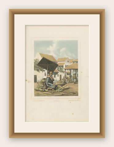Antique Print of a Javanese Woman Selling Fruit in Indonesia, 1850, shown framed