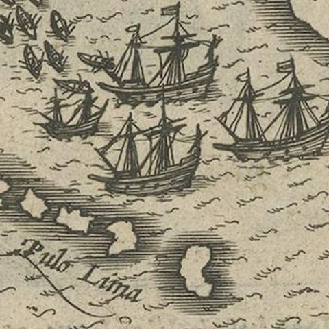 Small Map of Bantam with Dutch Ships and an Engraving of Portugese, 1614, close-up 3