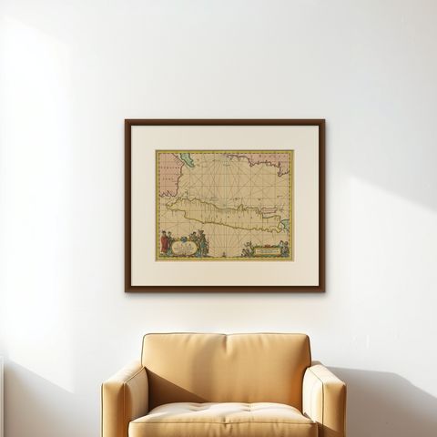 Antique Map of Java in The Dutch East Indies, Now Indonesia, c.1690, shown framed on a wall, true to size