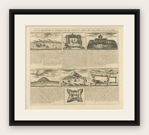 Antique Print of Forts and Views of the East Indies or Nowadays Indonesia, 1719, shown framed