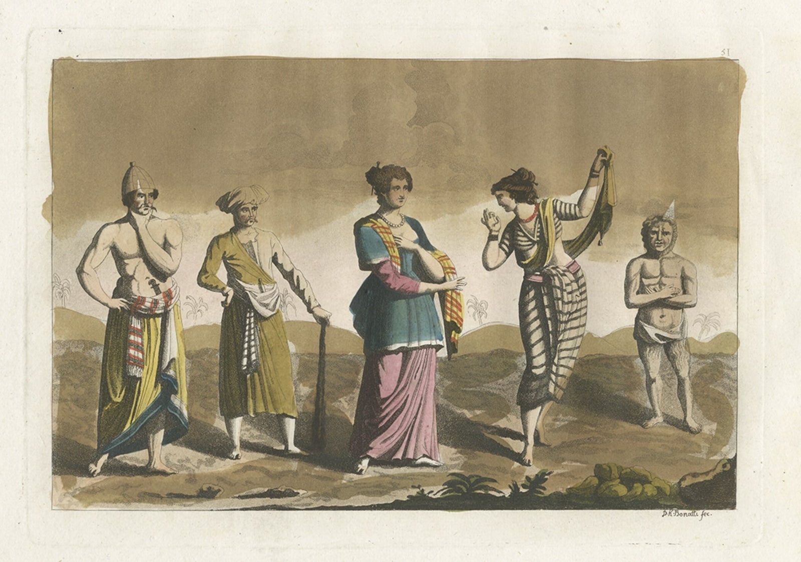 Antique Old Hand Colored Print of Javanese in Indonesia, 1827