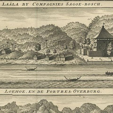 Antique Print with Three Views of Ambon by Valentijn, 1726, close-up 2