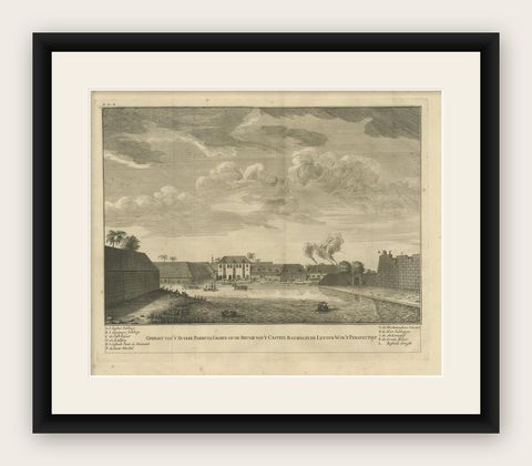 Antique Print of the Sugar Warehouse of Batavia by Valentijn, '1726', shown framed