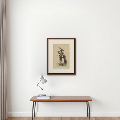 Antique Print with a Native of Borneo ‘Indonesia’ by Temminck, circa 1840, shown framed on a wall, true to size