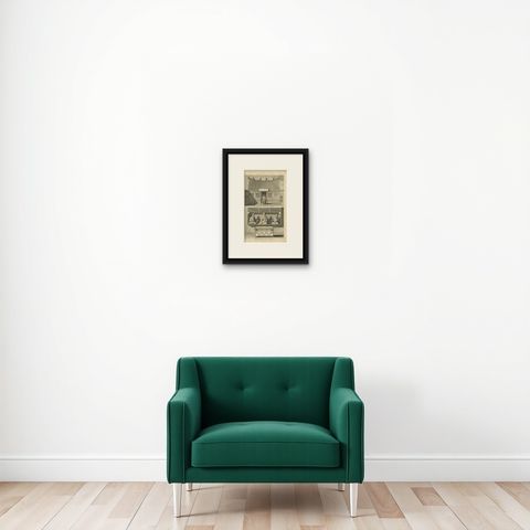 Antique Print of a Chinese Temple and Chinese Deity by Valentijn, '1726', shown framed on a wall, true to size
