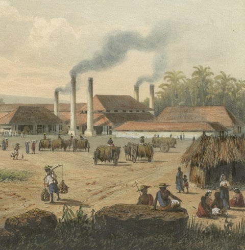 Original Chromolithograph of a Sugar Factory in Java, Indonesia, 1872, close-up 2