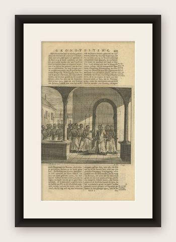 Antique Print of the Attack on the King of Jakarta by Valentijn, 1726, shown framed
