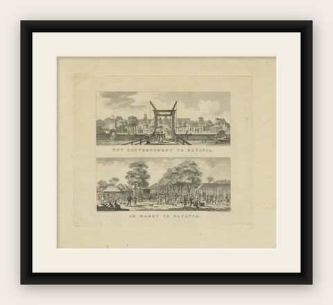 Batavia Market Scenes & Government House, Antique Prints VOC Period, c.1780, shown framed