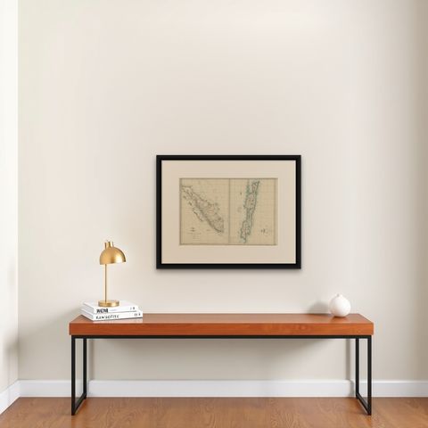Antique Map of Sumatra and Java by Weller, c.1860, shown framed on a wall, true to size
