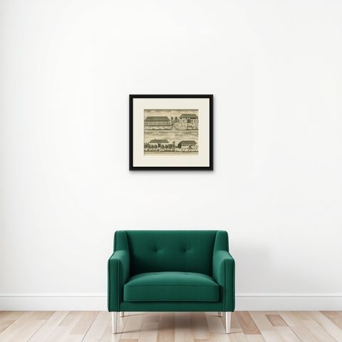 Antique Print of the Market, Hospital and Orphanage of Ambon by Valentijn, 1726, shown framed on a wall, true to size