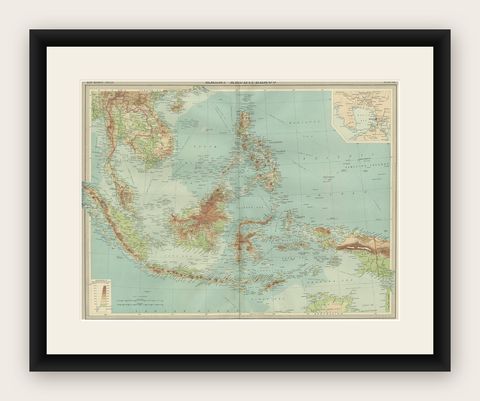 Old Map of South East Asia Showing the Malay Archipelago, incl Borneo etc, 1922, shown framed