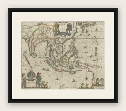 Original Blaeu Map of Southeast Asia from India to Tibet and Japan to New Guinea, shown framed