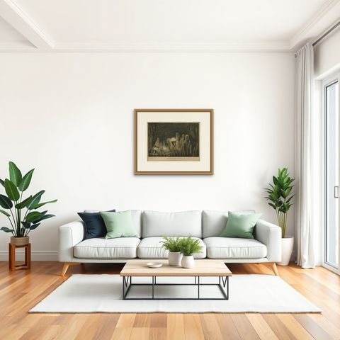 Antique Print with a view of Amboina 'Indonesia' by C.G.C. Reinwardt, shown framed in a room, true to size
