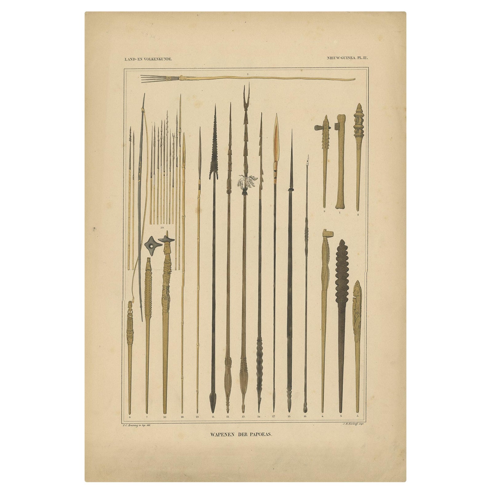 Print with Weapons of Papua 'New Guinea, Indonesia' by Temminck, circa 1840