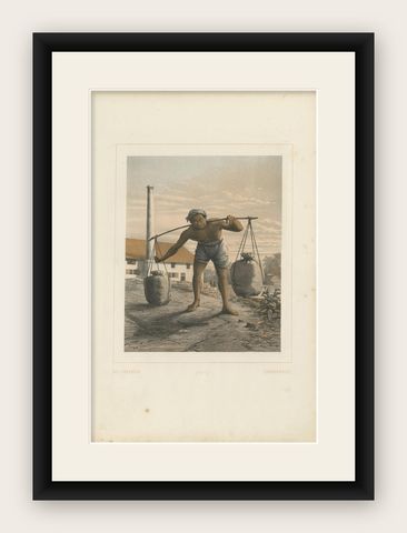 Antique Print of an Indonesian Coal Miner by Van Pers, circa 1850, shown framed