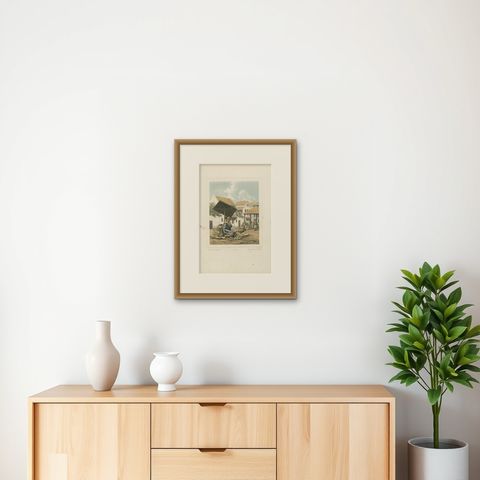 Antique Print of a Javanese Woman Selling Fruit in Indonesia, 1850, shown framed on a wall, true to size