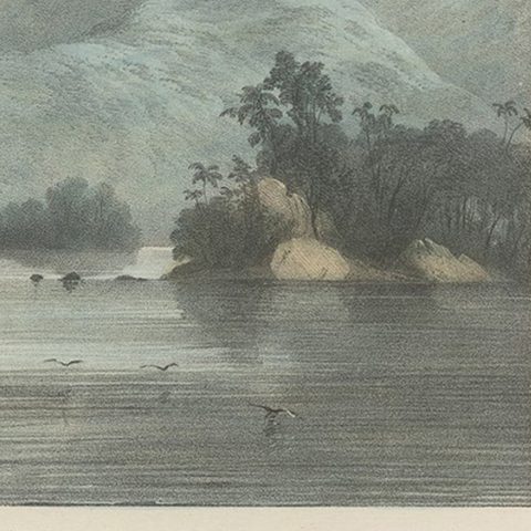 Antique Print of a Ship Near the Coast of Sumatra, Indonesia, c.1845, close-up 2