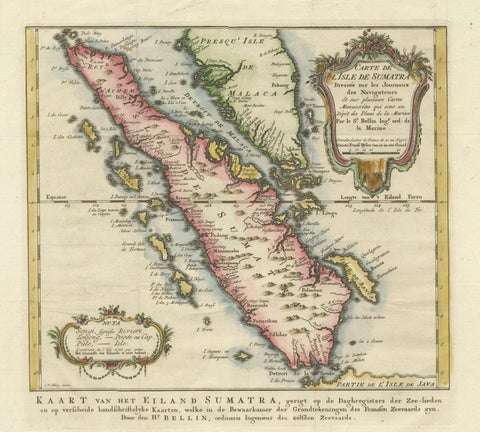 Rare 1770 Bellin Map of Sumatra with Stunning Decorative Cartouches, close-up 5