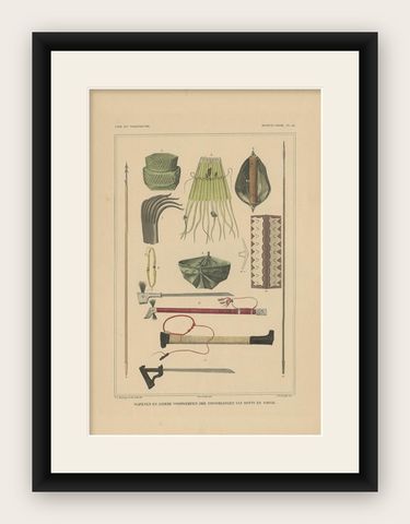 Print Weapons and Tools of Roti & Sawoe 'Indonesia' by Temminck, circa 1840, shown framed