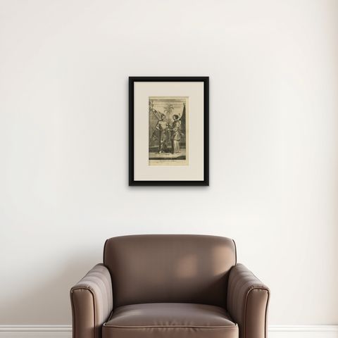 Antique Engraving of Javanese Man and Woman in Indonesia, 1744, shown framed on a wall, true to size