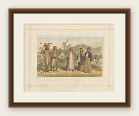 Antique Chromolithograph Depicting Native Malays, Incl Dayaks of Borneo, 1882, shown framed