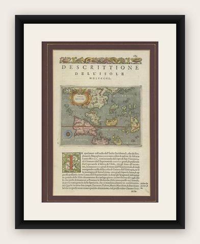 Antique Map of the Moluccas by Porcacchi, circa 1620, shown framed