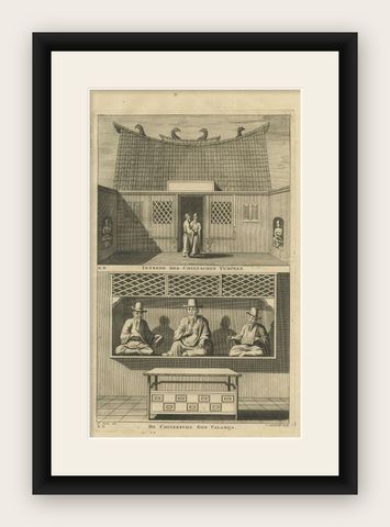 Antique Print of a Chinese Temple and Chinese deity Calamija by Valentijn, 1726, shown framed
