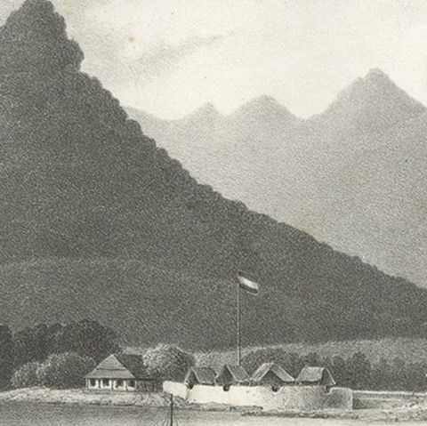 Old Print of the City of Anyer, West-Java Near Krakatau Volcano, Indonesia, 1833, close-up 2