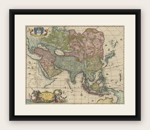 Antique Map of Asia and the East Indies and Korea as a Peninsula, ca.1660, shown framed