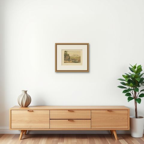 Antique Print of the Cipancar River ‘Java’ by M.T.H. Perelaer, 1888, shown framed on a wall, true to size