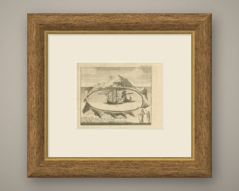 Solor Island View, Indonesian Harbor Engraving, French Voyage Plate c.1700, shown framed